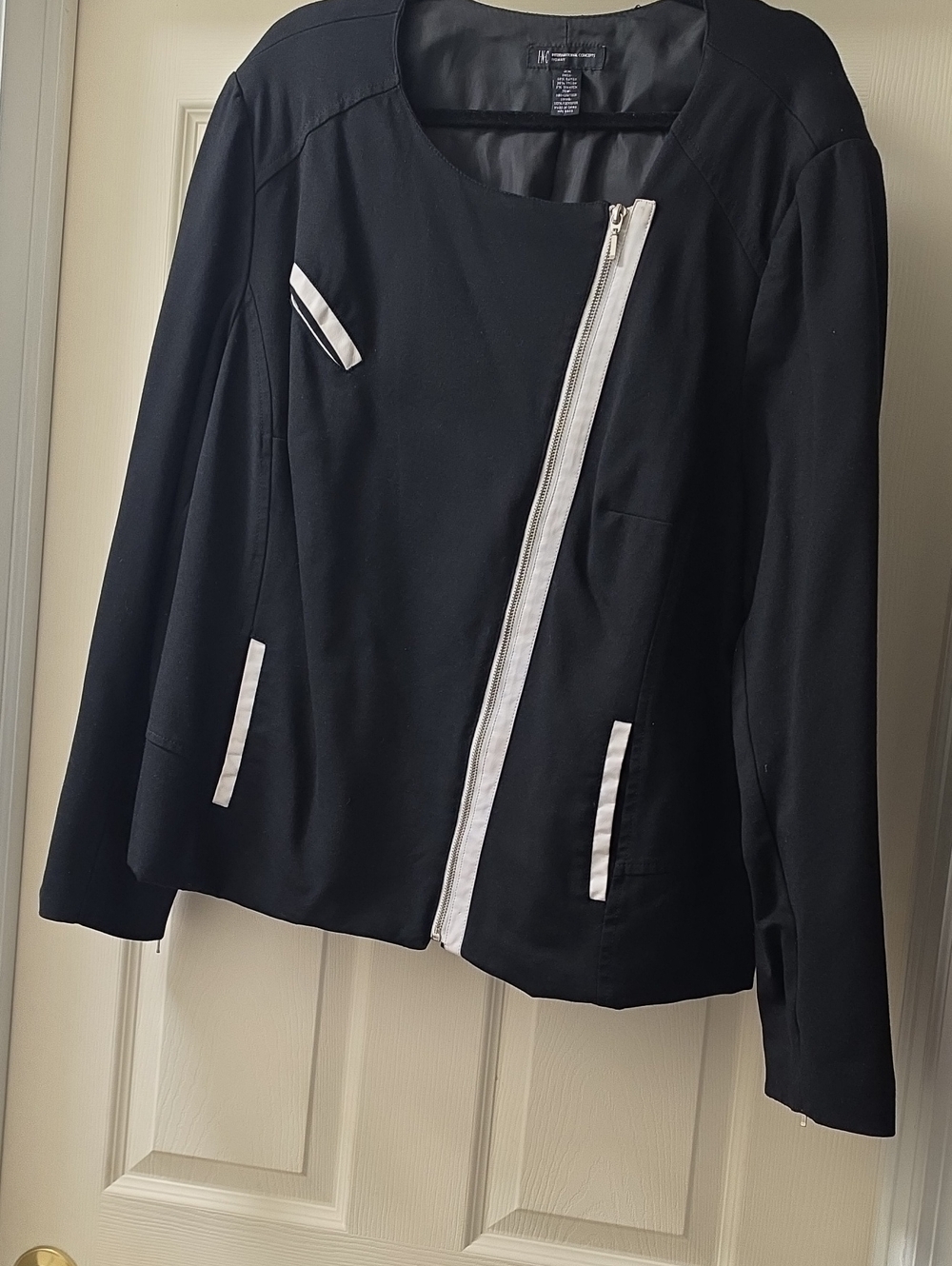 INC International Concepts Black Blazer with White Trim and Asymmetrical Zip